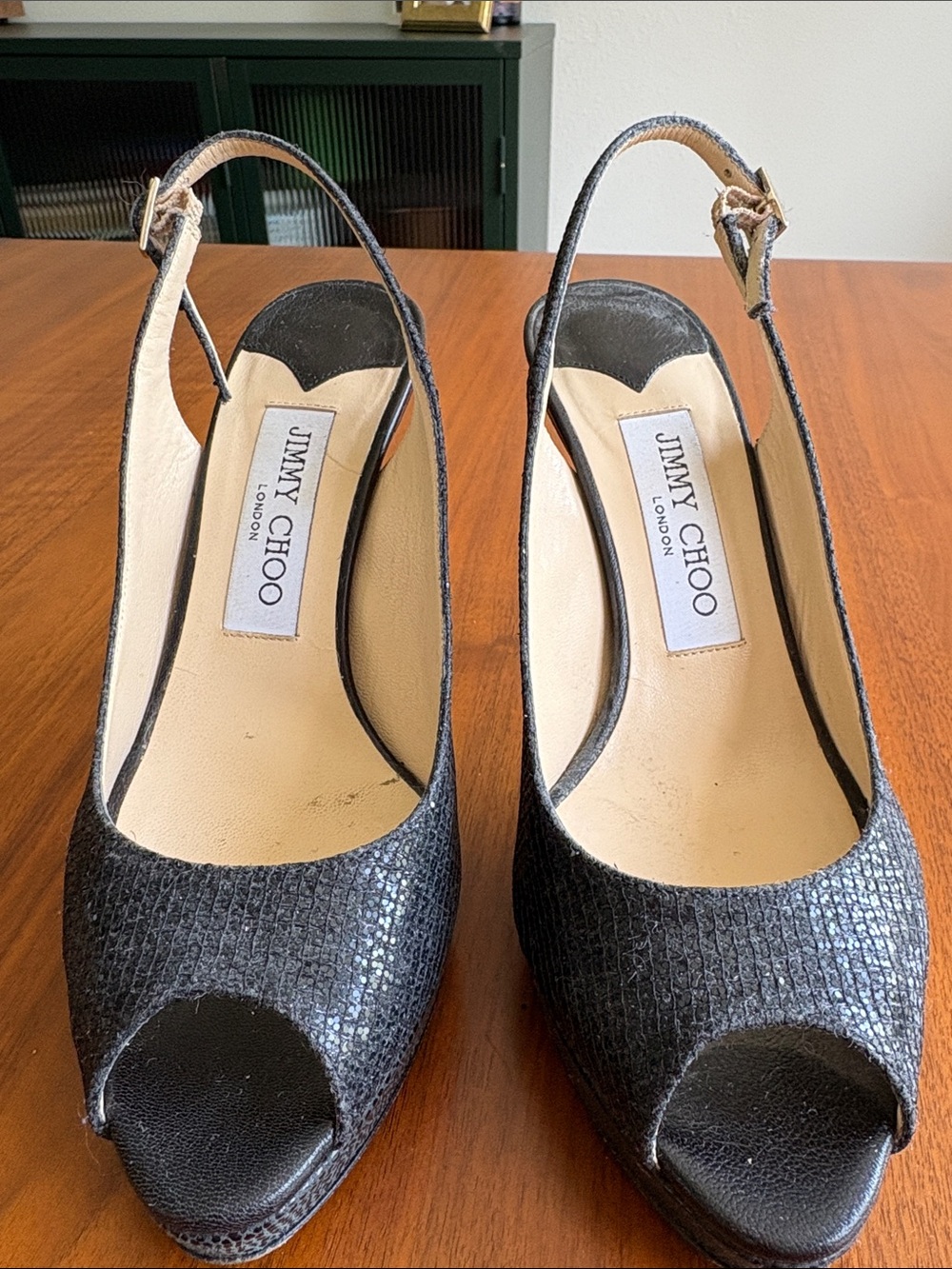 Jimmy Choo Black Textured Peep-Toe Slingback Heels